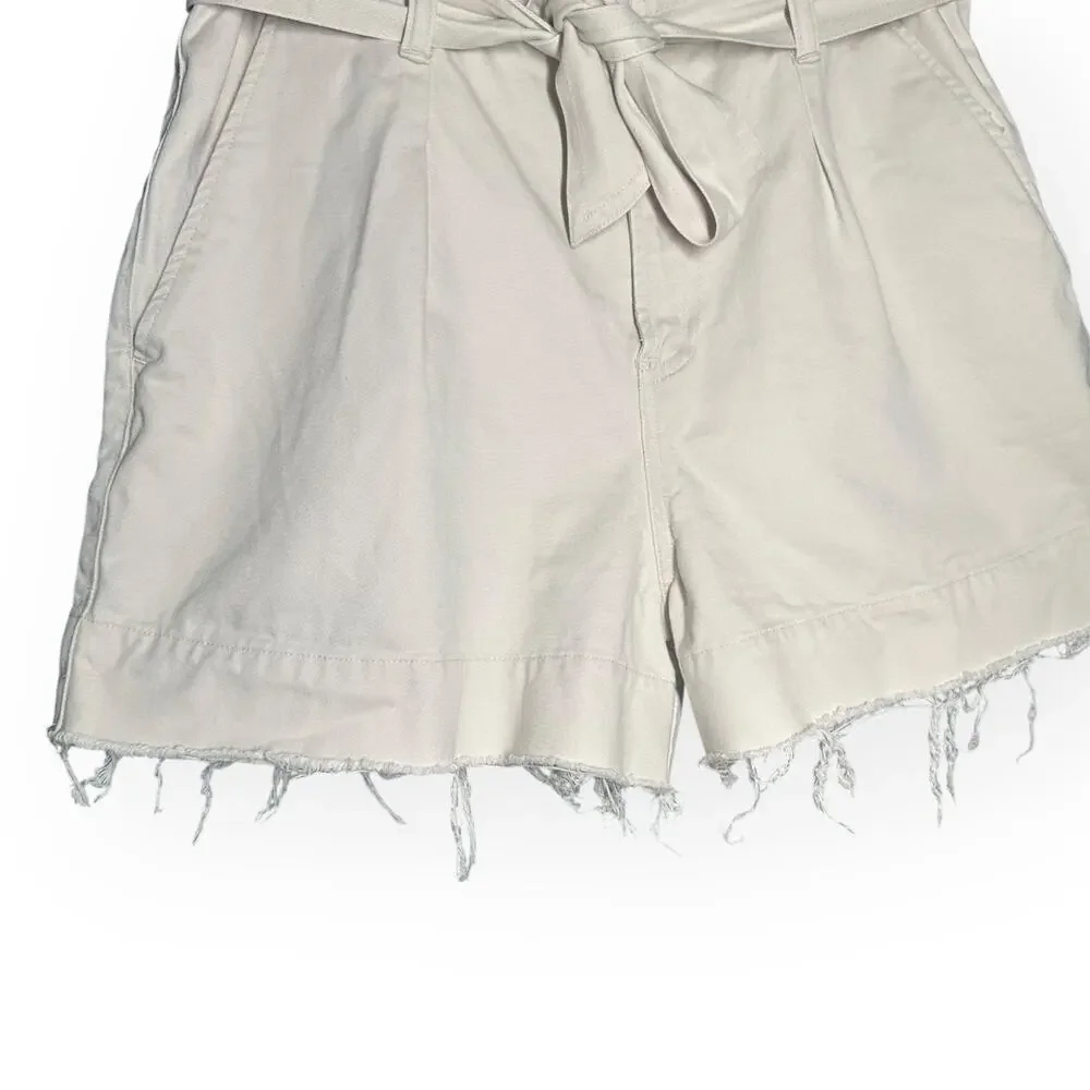 ALLSAINTS Cala Paperbag Belted Shorts Pleated Frayed Hem Beige Ivory High Rise